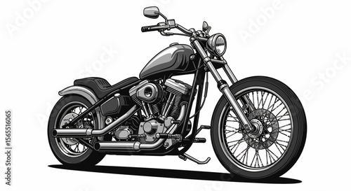 Detailed Monochrome Illustration of a Classic Chopper Motorcycle