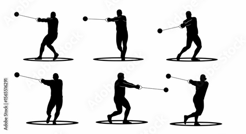 Six Silhouettes of Hammer Throwers in Action, Black and White, Athletic Poses