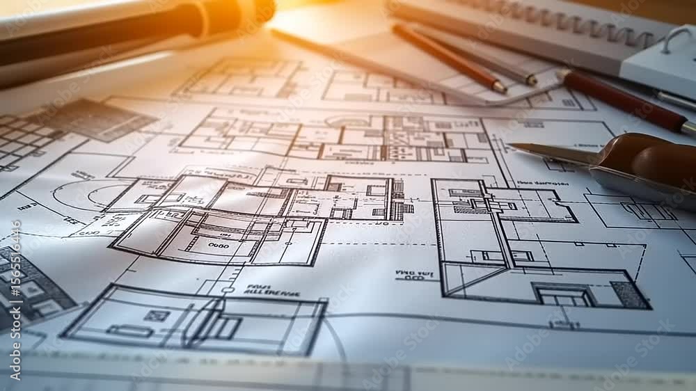 Architectural blueprints with tools create a visually engaging backdrop, perfect for design presentations Architectural blueprints with tools create a visually engaging backdrop, perfect for design presentations