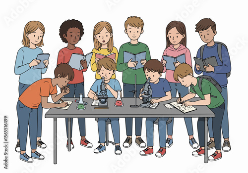 Diverse group of children studying science in a classroom, using microscopes and reading books, flat illustration.