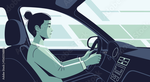 Woman with Bun Driving Modern Car, Side Profile, Teal and Dark Blue Illustration