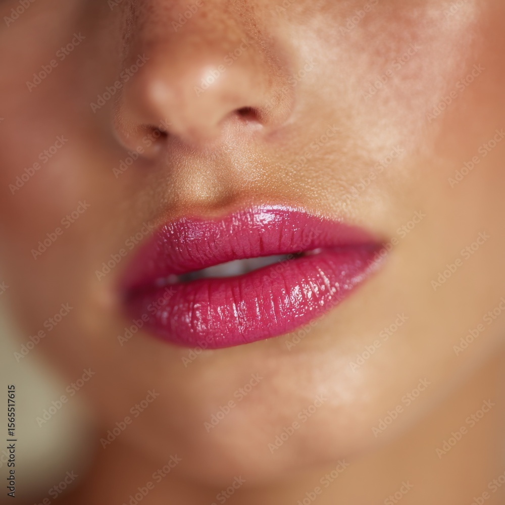 Obraz premium Glossy Lipstick Beauty Close-Up: Radiant Skin & Elegant Natural Makeup Artistry