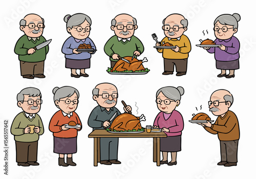 Cartoon illustration set of senior citizens preparing, serving, and enjoying a holiday or festive turkey dinner meal at home.