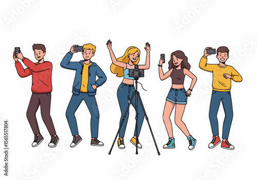 Diverse young adults capture content using mobile phones and a professional camera setup, engaging in vlogging, social media recording, or event documentation.