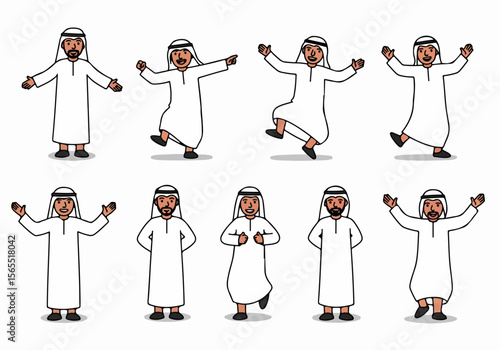 Collection of Cartoon Arab Men Characters in Traditional Dress Posing and Expressing Various Emotions on White Background