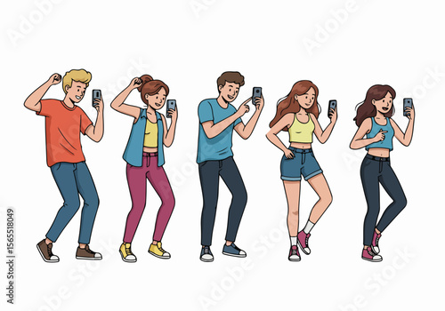 Young People Taking Photos and Posing with Smartphones, Illustrating Mobile Technology and Social Media Use