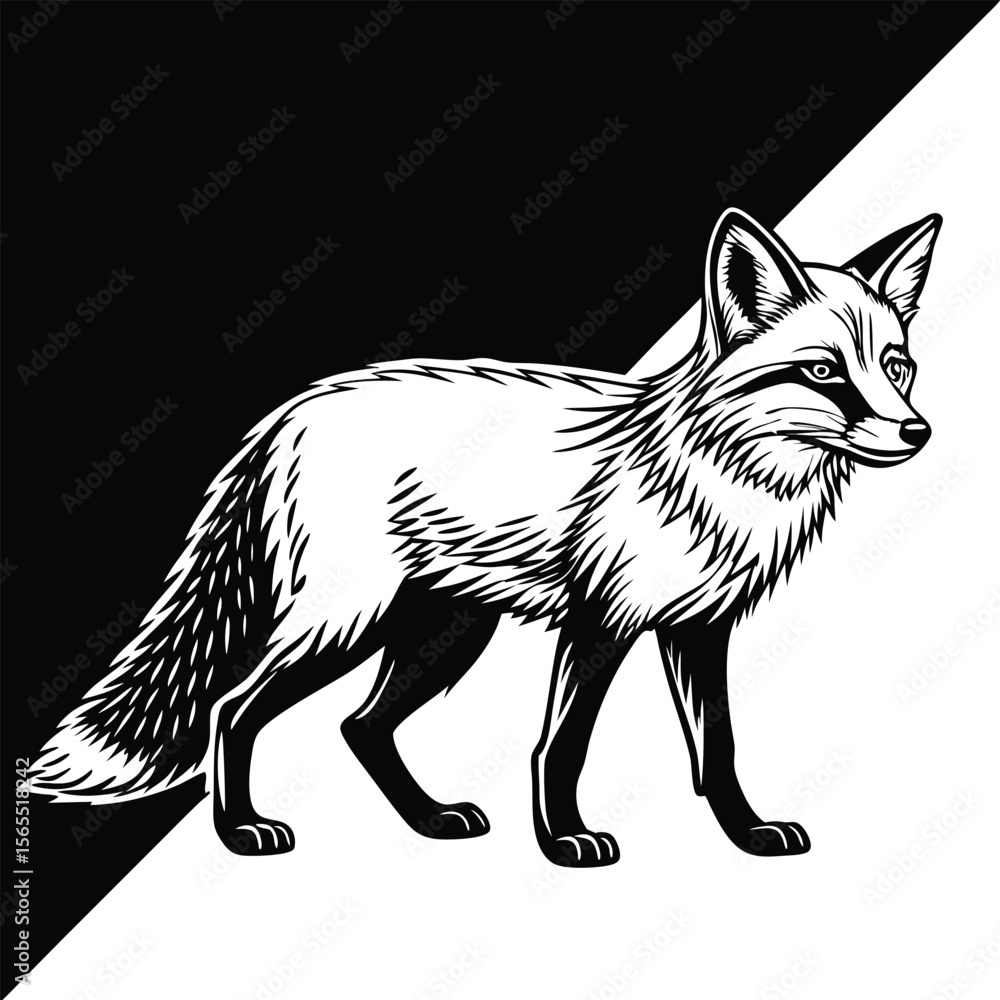 Fototapeta premium Black and White Fox Profile Illustration animal wildlife 1