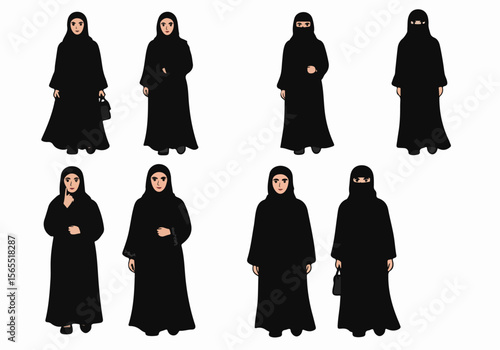 Collection of illustrations showing diverse Muslim women wearing black abayas, hijabs, and niqabs in various poses on a white background.