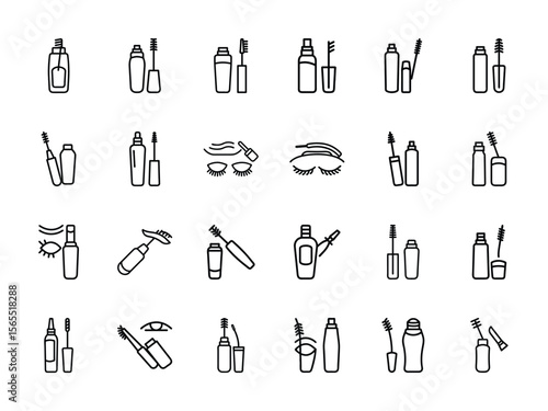 Brow Gel and Mascara Icons in Silhouette Style on White Background – Vector Collection for Beauty Products, Eye Makeup Tools, Cosmetic Packaging, and Lash Enhancing Illustrations