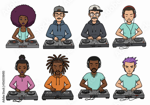 Set of diverse cartoon characters depicted as DJs performing on turntables, showcasing various ethnicities and styles in a music context.
