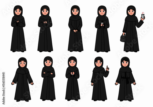 Cartoon collection of a smiling young Muslim woman wearing a black abaya and hijab, depicted in various poses, actions, and emotions on a white background.