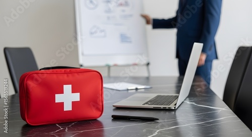Workplace safety is important a first aid kit stands ready near laptop, ensuring health and preparedness during presentations and office emergencies.