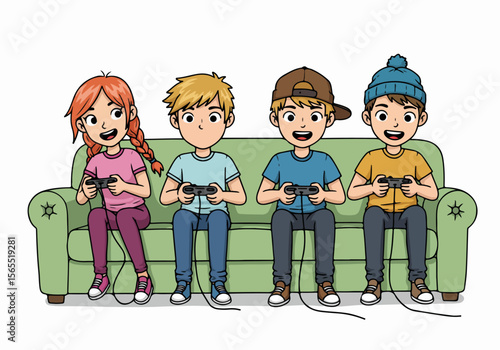 Cartoon illustration of four happy children sitting on a couch playing video games with controllers, enjoying their leisure time together.
