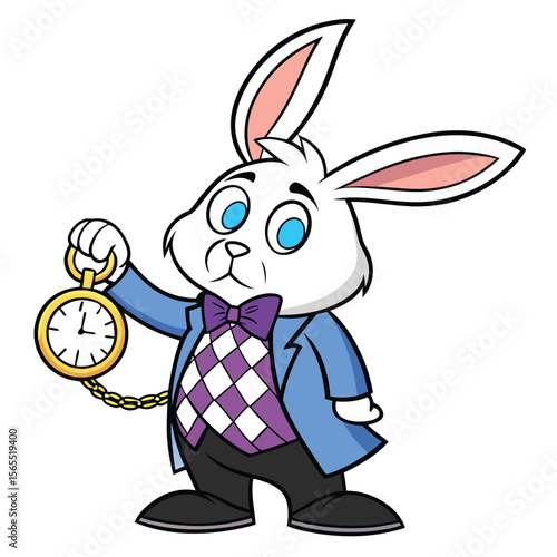 Cartoon White Rabbit with Pocket Watch and Blue Coat