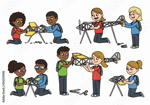 Diverse children building model airplanes together, a hands-on STEM and craft activity fostering teamwork and creativity.