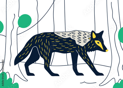 Ancient Forest Wolf Blending Wood and Moss Textures Botanic Style vector art design 