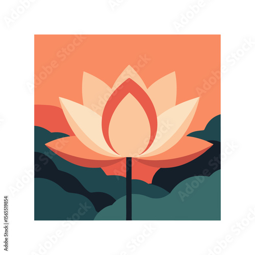 Flat Vector of Lotus Flower at Sunset