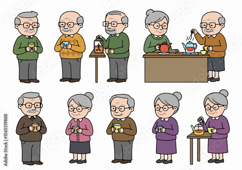 Vector illustration set of diverse elderly people enjoying and preparing tea, depicting relaxation, daily life, and social interaction.