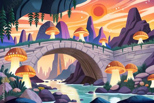 mystical cave interior filled with glowing mushrooms and ancient stone bridges cartoon perfect as a fantasy RPG map background or immersive magical game environment design