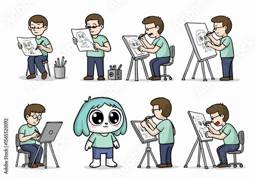 Man Drawing a Cute Cartoon Animal Character Sequence