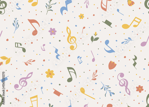 Musical seamless pattern. Endless background with musical notes and flowers for children’s fabrics, scrapbook, or music themed stationery. Pastel kids backdrop