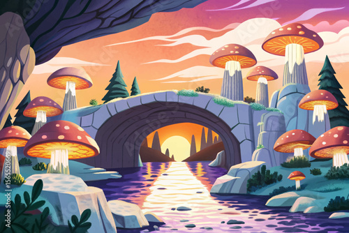 mystical cave interior filled with glowing mushrooms and ancient stone bridges cartoon perfect as a fantasy RPG map background or immersive magical game environment design