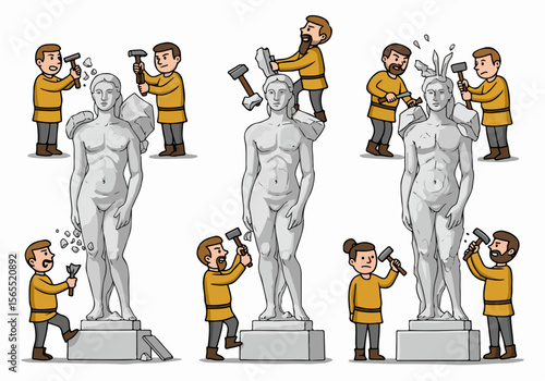 Cartoon illustration showing the stages of creating a marble statue by multiple sculptors working with hammers and chisels on a white background.