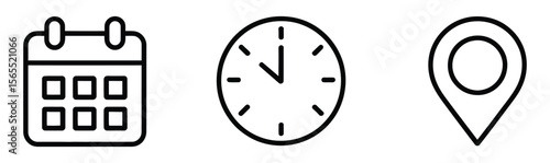 Calendar, Clock, and Location Icons – Minimal Line Art Symbols for Date, Time, and Navigation Purposes – Black on White Design