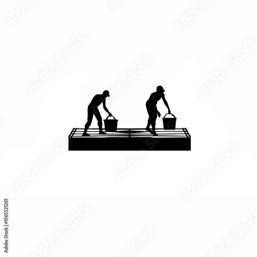 Silhouette of workers sorting fish at a dock on white background