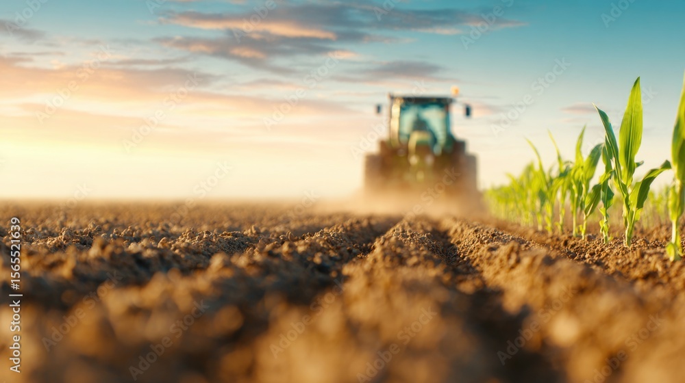 Fototapeta premium Tractor in dry cornfield at sunrise