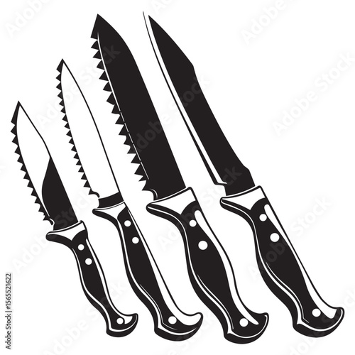 Four black and white stylized kitchen knives with serrated edges and smooth blades arranged diagonally on a white background