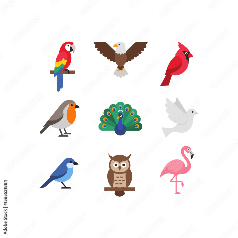 Obraz premium Flat Vector of Assortment of colorful birds illustrations