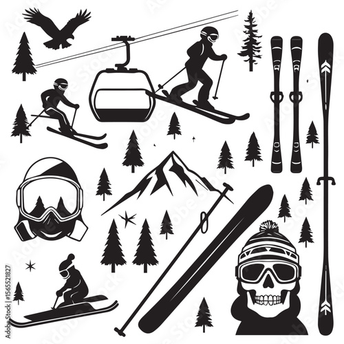 Collection of black silhouette ski resort elements including skiers ski lift mountains pine trees skis poles goggles and a skull with ski goggles