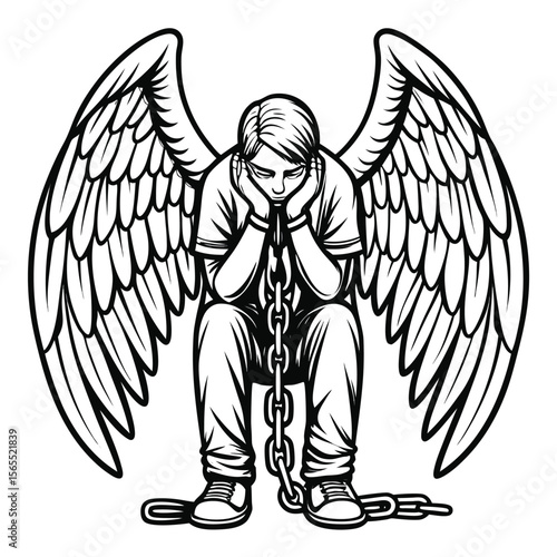 Distressed Angel with Wings and Chains Monochrome Illustration