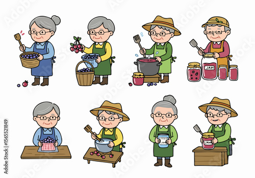 Illustration set of senior people harvesting berries and making homemade jam, depicting a traditional food preservation process.