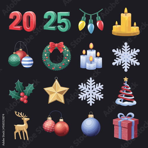 vector Happy New Year Celebrating 2025 in Latin letters , Christmas Decoration Items Santa Claus
