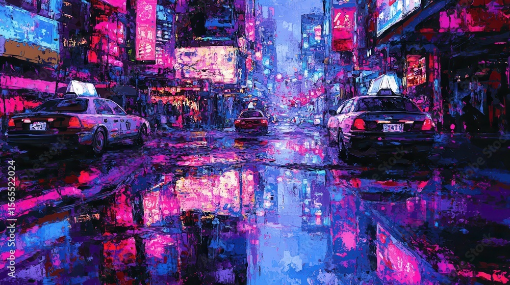 Fototapeta premium Neon-lit city street scene at night with reflections in puddles.