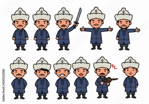 Set of Cartoon Illustrations of a Mongolian Warrior Character in Traditional Clothing with Various Poses and Emotions