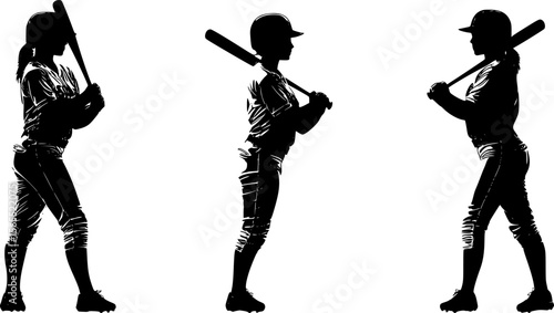Silhouette of a female baseball player in three different poses, batting and holding a bat