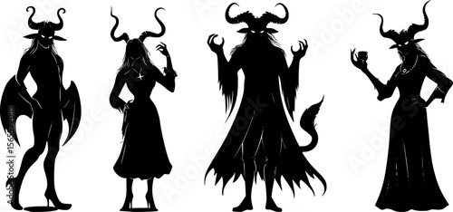 Black silhouettes of horned demons and devils with tail and wings, showing different poses