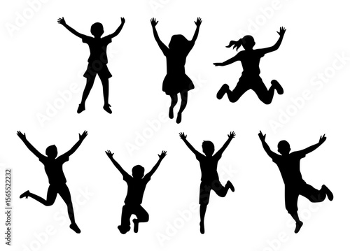 Black silhouettes of joyful children jumping and celebrating, expressing happiness and freedom