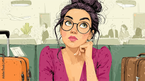 Pensive young woman with glasses is waiting at the airport terminal with her luggage, looking up