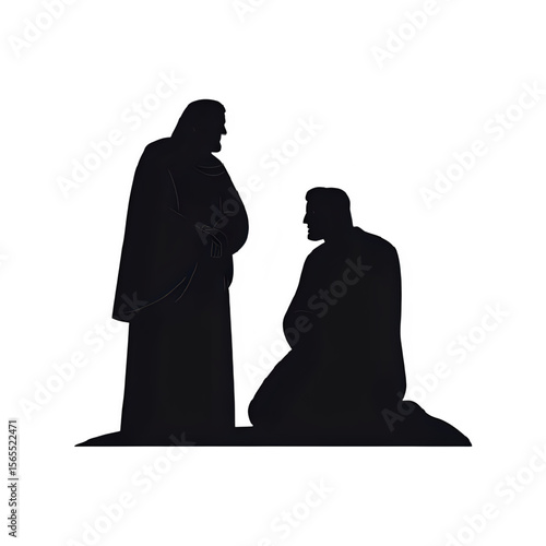 Silhouette illustration of jesus christ and a kneeling man in repentance