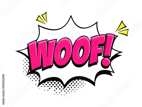 Sound effect bubble with exclamation ‘Woof!’ in retro halftone comic book style
