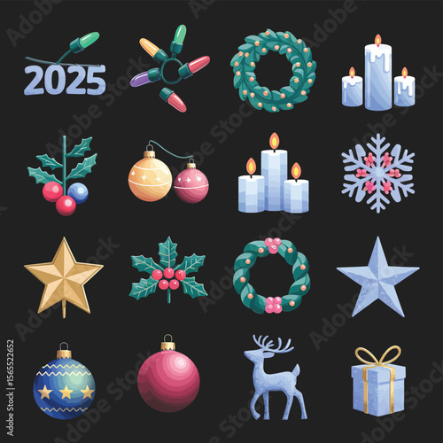 vector Happy New Year Celebrating 2025 in Latin letters , Christmas Decoration Items Santa Claus
