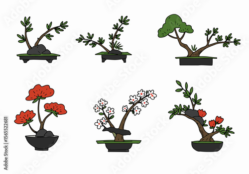 Collection of Hand-Drawn Cartoon Bonsai and Flowering Potted Plants Illustration Set on White Background, Variety of Simple Cute Japanese Miniature Trees and Floral Decorations