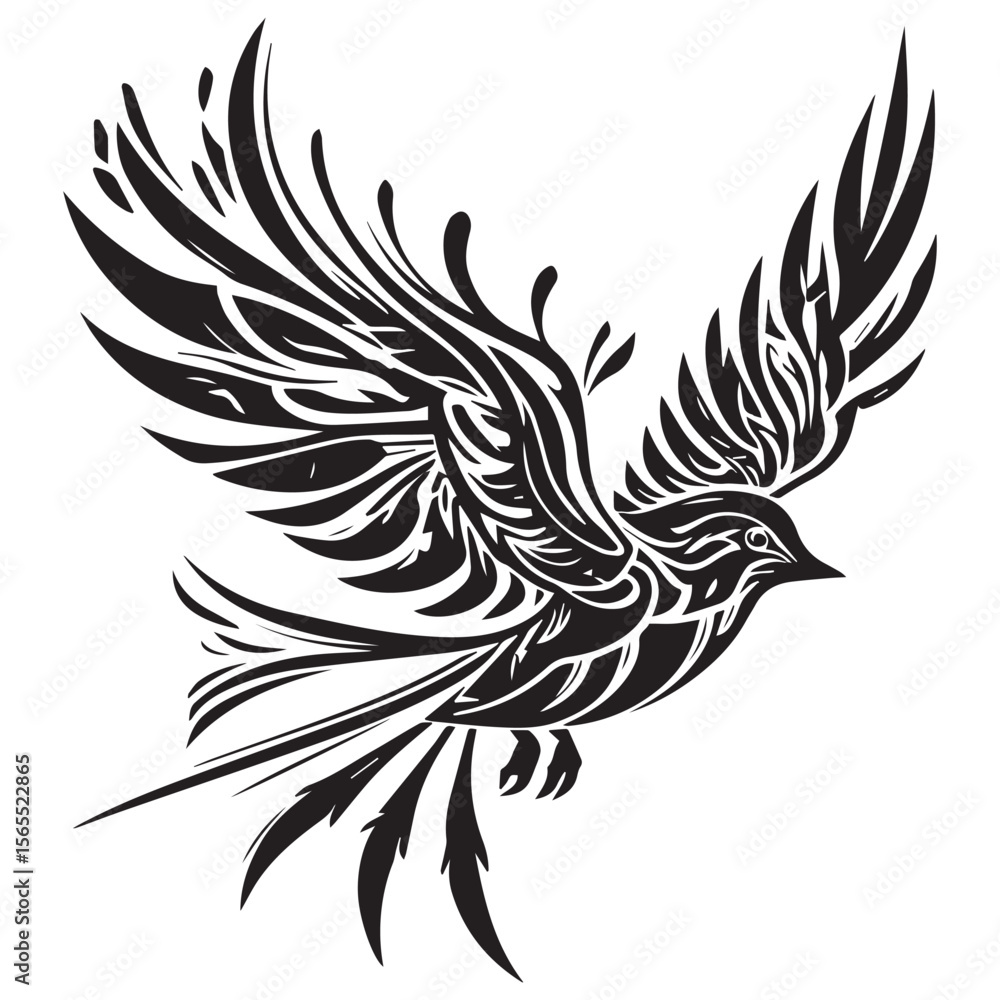 Obraz premium Stylized black bird in flight with flowing abstract wing feathers and tail feathers on a white background