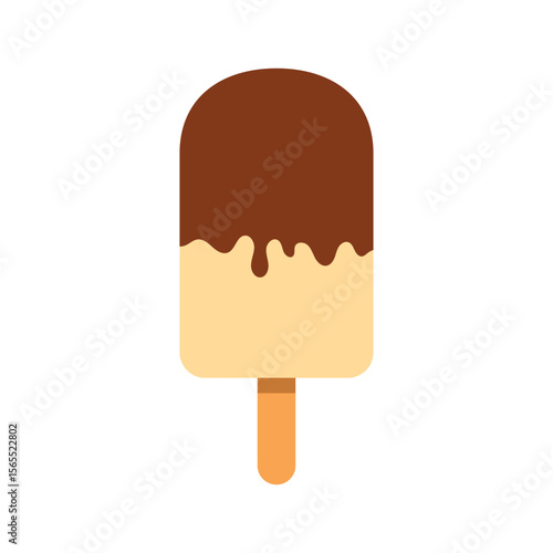 Minimal flat design of a vanilla ice cream bar dipped in chocolate on a wooden stick. Perfect for dessert menus, summer promotions, food packaging, and digital or print graphics.
