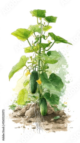 Watercolor illustration of a cucumber plant growing in a vegetable garden, featuring two ripe cucumbers and yellow flowers