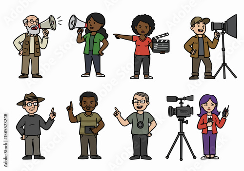 Diverse Group of Cartoon Characters Depicting Film and Media Production Crew with Equipment